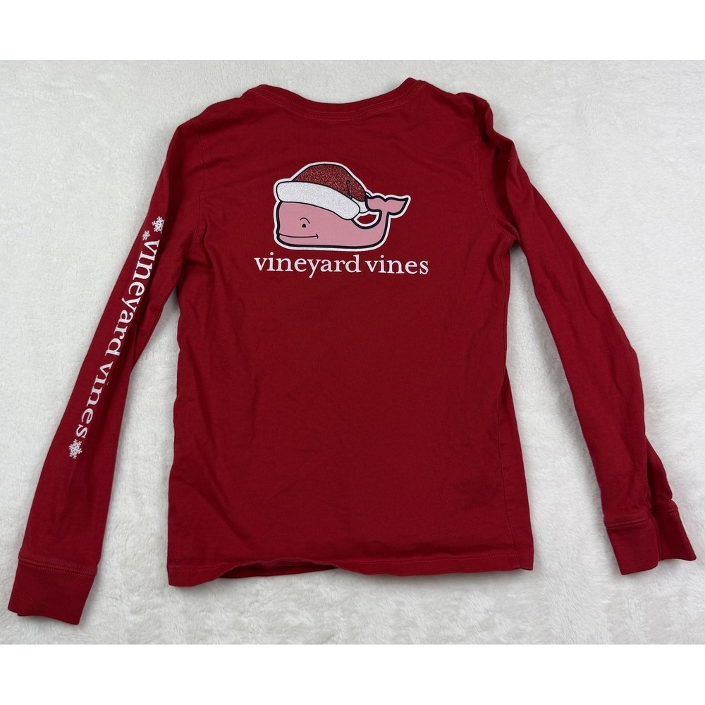 Vineyard Vines Kids XS 5-6 Red Christmas Santa Hat Whale Long Sleeve Pocket Tee